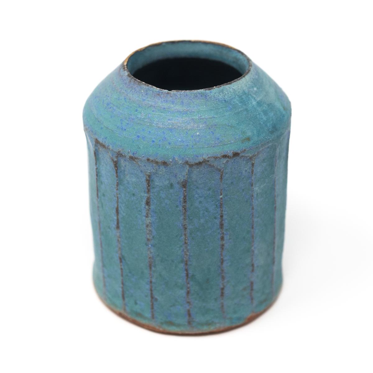aya antique blue shinogi bud vase side angle