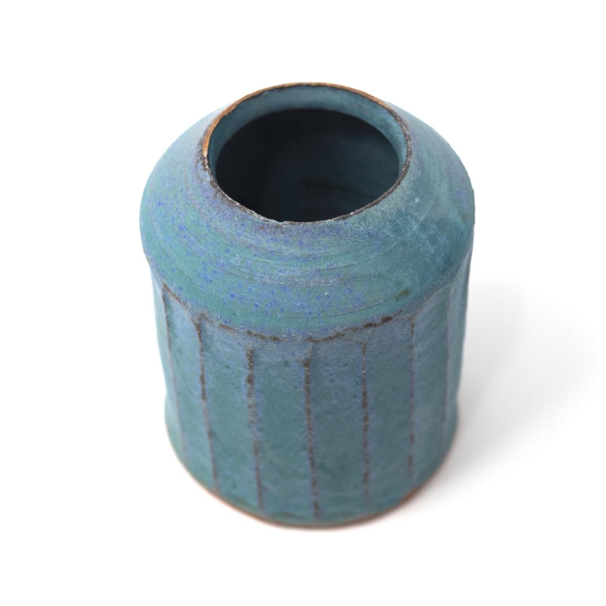aya antique blue shinogi bud vase top angle close
