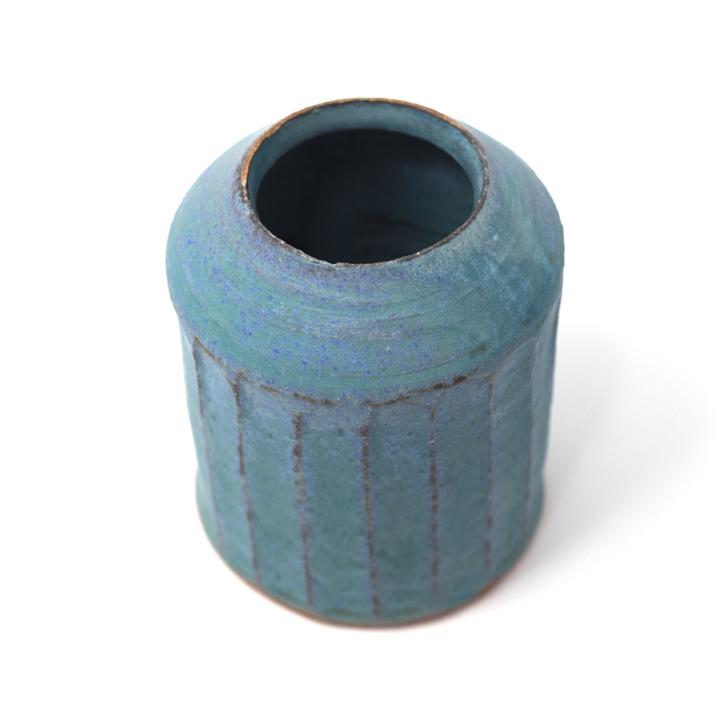 aya antique blue shinogi bud vase top angle close