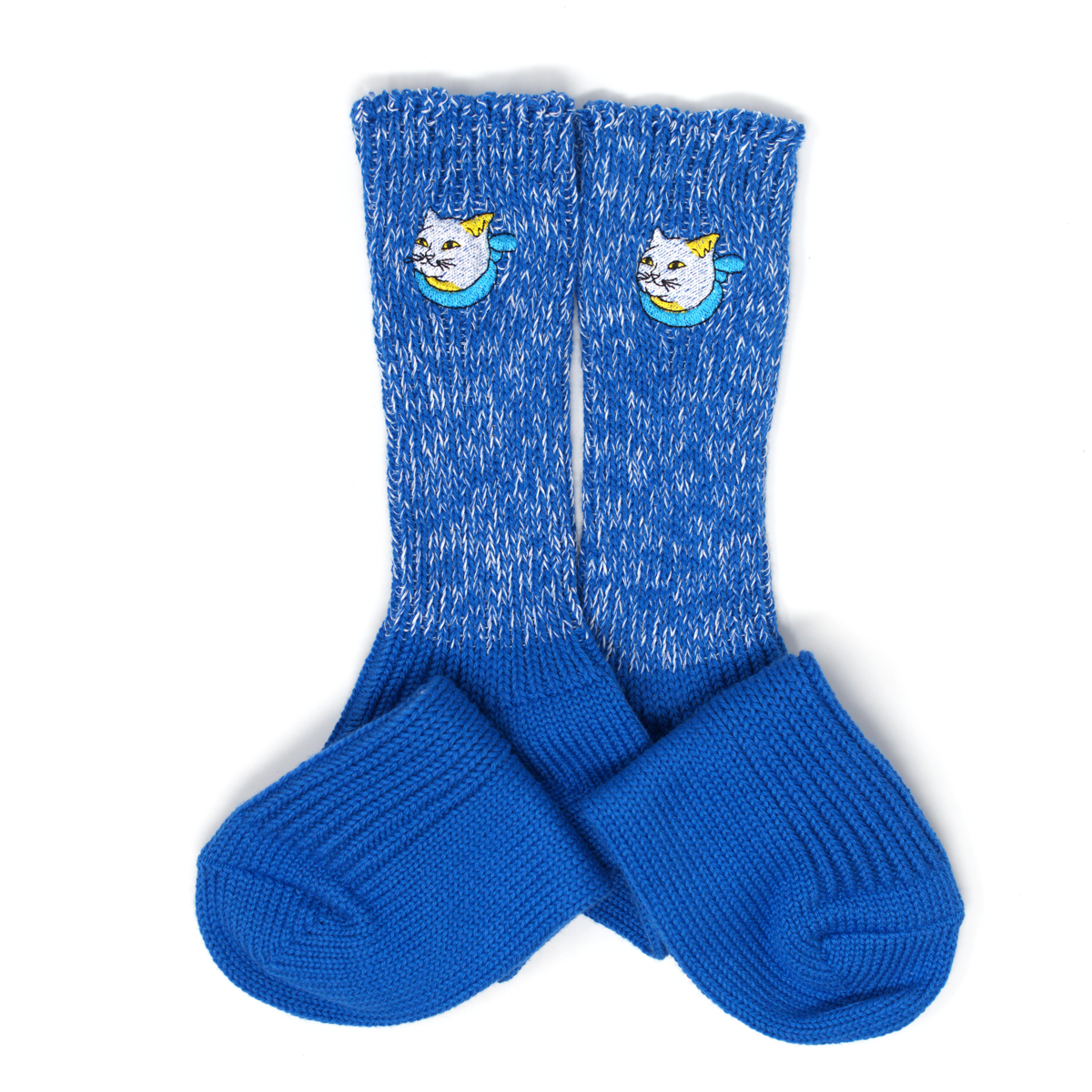 A pair of blue marled socks, each with a small embroidered white cat near the top